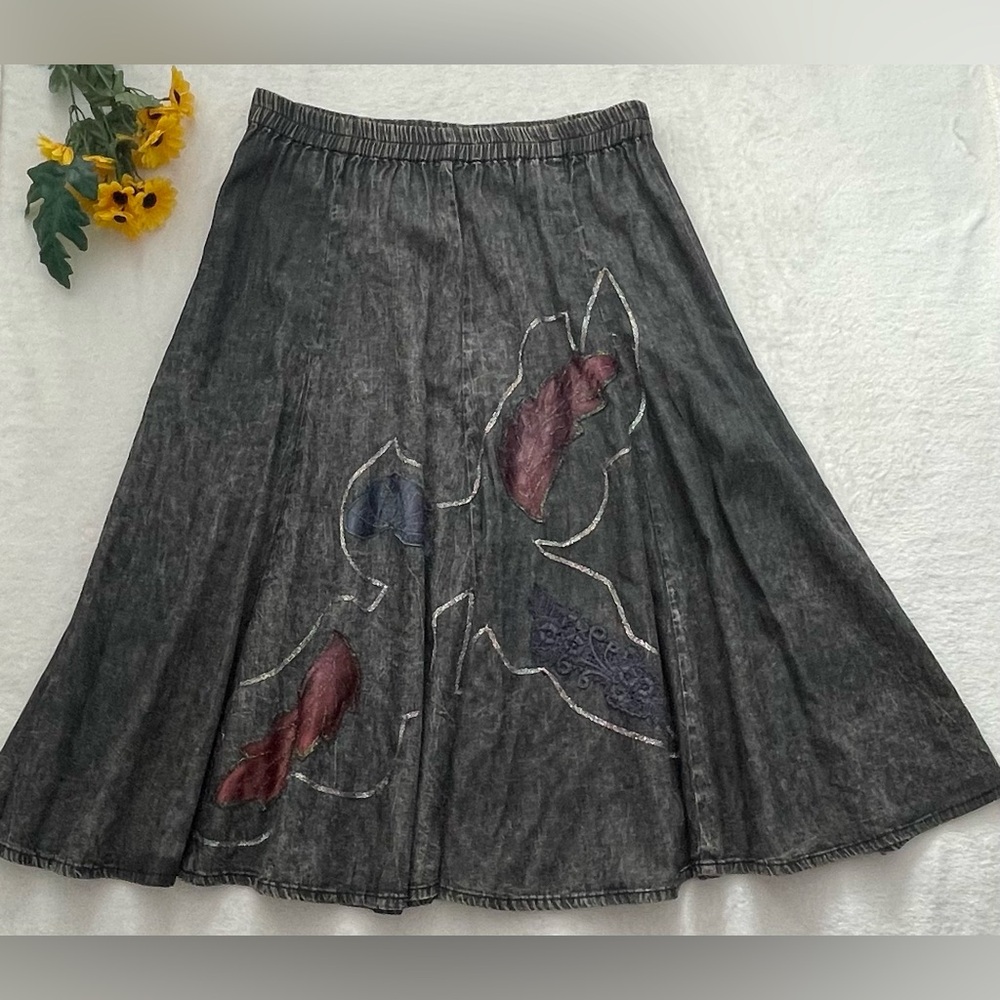 Dark Washed A-Line Midi Skirt with Color Patch Accents (brand Carreli )